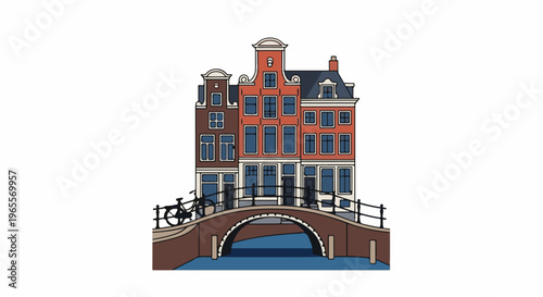 Narrow canal houses span a bridge with a bicycle, against white