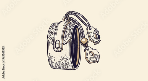 Ornate cylindrical pouch with traditional Japanese wave and geometric patterns