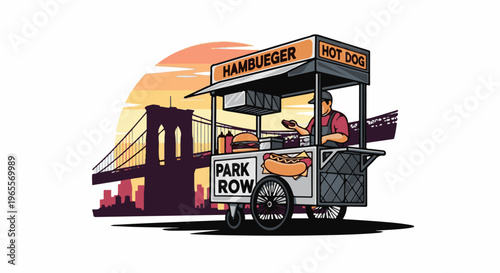 Street vendor sells hot dogs and hamburgers near a bridge at sunset