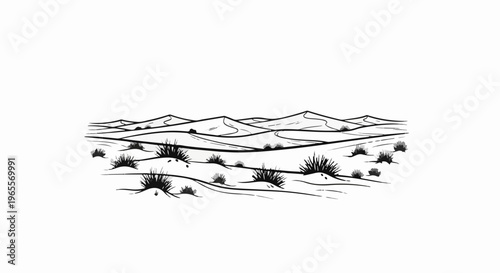 Stylized black and white illustration of desert dunes and sparse vegetation