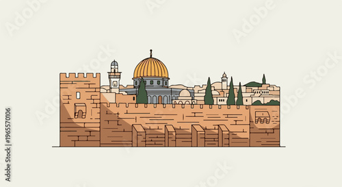 Stylized illustration of a historical city wall with domes and minarets