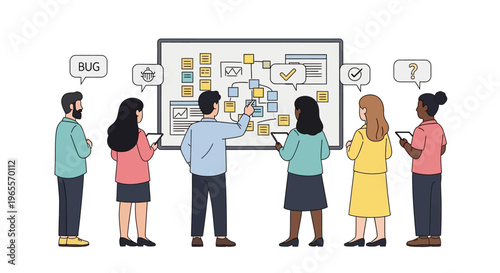 Agile team collaborating on a project board with sticky notes and tasks