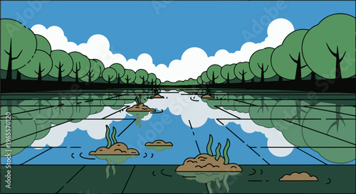 A serene, stylized landscape of trees lining a reflective waterway under a bright, cloudy sky