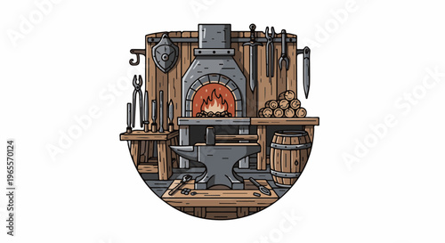 A rustic blacksmith's workshop with anvil, forge, tools, and supplies