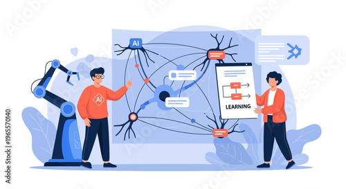 AI learning and innovation concept with people and robot arm