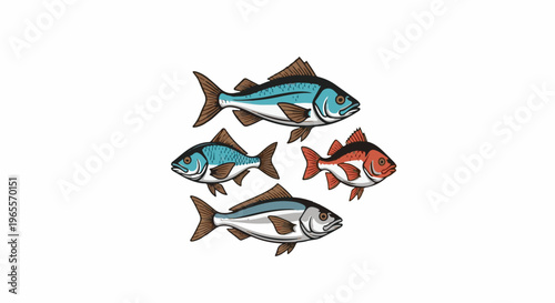 A school of diverse fish swim in a circle against a white background