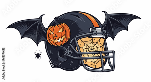 Spooky football helmet with bat wings, pumpkin, spider, and web