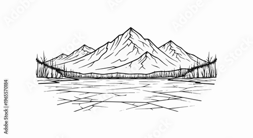 Stark, stylized mountain range reflected in a cracked frozen lake, bordered by sparse trees