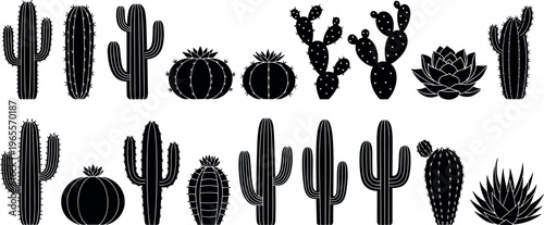 Black Silhouette Vector Set of Desert Cactus and Succulent Plants Including Saguaro, Barrel, Prickly Pear, and Agave for Botanical and Graphic Designs