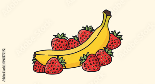 A bright yellow banana curves around a cluster of red strawberries on a cream background