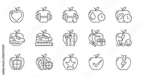 Healthy lifestyle and fitness line icons set in apple shapes