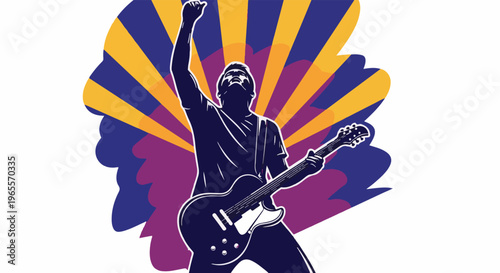 Silhouetted musician playing electric guitar, arm raised in victory
