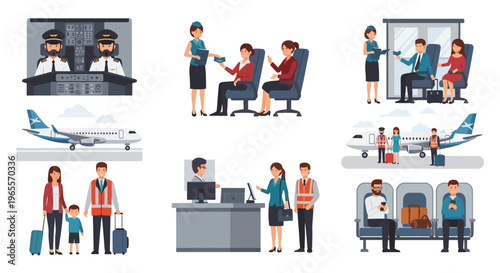 Airport Scene Collage: Pilots, Passengers, Staff, and Aircraft