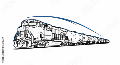 A detailed line drawing of a modern locomotive pulling a series of tank cars on tracks