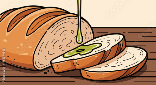 Sliced bread loaf with green topping drizzled over it on a table