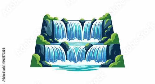 Stylized multi-tiered waterfall with lush green foliage and dark rocks