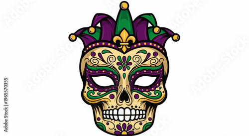 A decorative skull mask with a jester's hat, adorned with purple, green, and gold