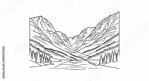 Stylized ink drawing of a mountain valley with a reflective river and trees