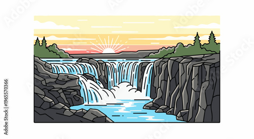 Stylized waterfall scene at sunrise with rocky cliffs and trees