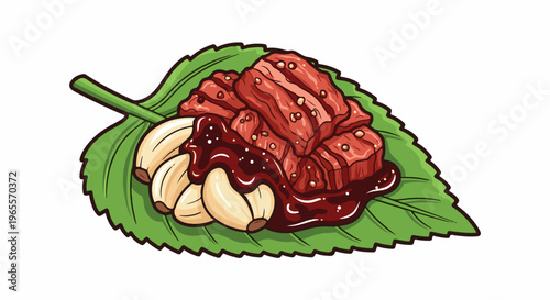 Sliced raw meat and garlic cloves seasoned with sauce on a leaf