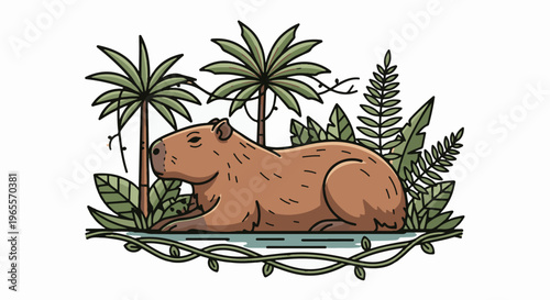 A contented capybara rests peacefully amidst lush jungle foliage and palm trees