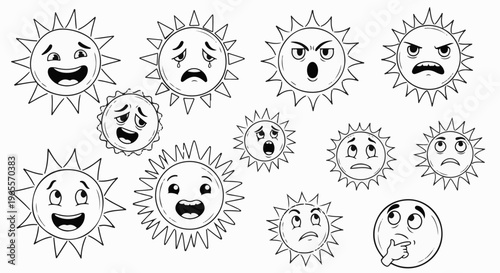 A collection of cartoon suns expressing various emotions, from joy to sadness