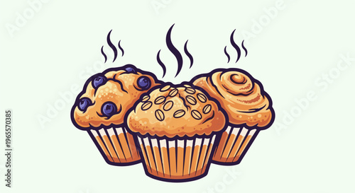 Three steaming muffins, one with blueberries, one with oats, one swirled