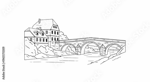 Stone bridge and historic building over flowing water, black and white sketch