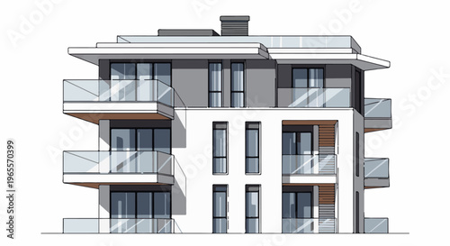 Stylized architectural rendering of a modern multi-story building with balconies