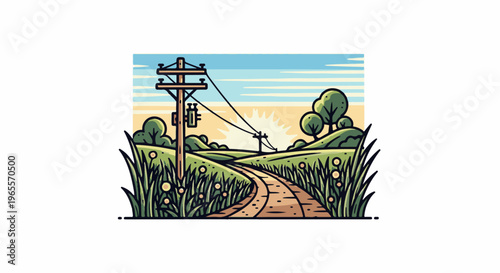 Winding country road passes telephone poles through rolling hills