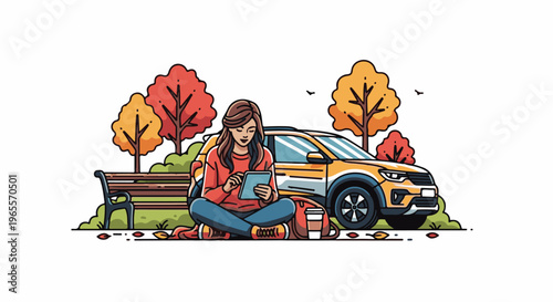 Woman with tablet and coffee by car in autumnal park