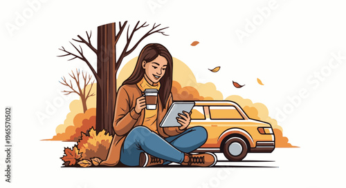 Woman with tablet and coffee sits by tree, car and autumn leaves