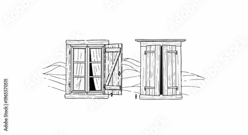 Two rustic wooden outhouses sit side-by-side against a backdrop of rolling hills
