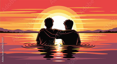 Two friends embrace, standing in water at sunset
