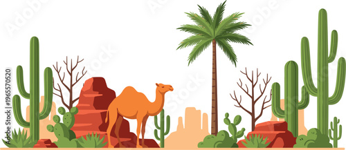 Desert Landscape Vector Illustration with Camel, Cactus, Palm Tree, Rock Formations, and Arid Plants for Southwestern, Wildlife, and Nature Designs