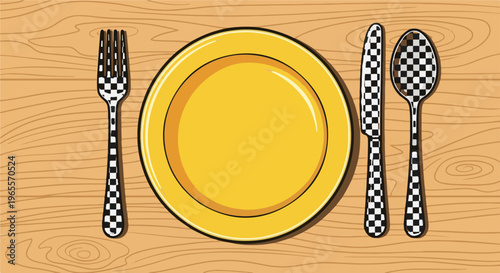 Yellow plate with checkered fork, knife, and spoon on wood