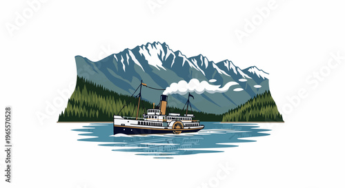 Vintage paddlewheel steamship navigates a serene lake below snow-capped mountains