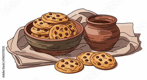 Warm chocolate chip cookies in a rustic bowl with a jug of milk
