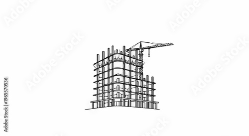 Unfinished skeletal building structure with a construction crane overhead