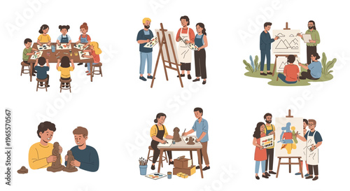 Art Class Collage: Diverse Activities - Painting, Pottery, Drawing