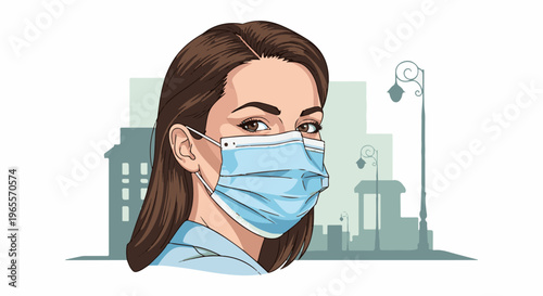 Woman with face mask in city setting