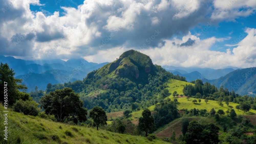 Fototapeta premium Lush green mountain landscape with rolling hills, dramatic clouds and sunlight for nature background wallpaper and scenic design