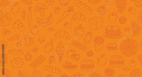 A fun and inviting food background pattern featuring various healthy and unhealthy food items in an eye-catching orange and white color scheme.