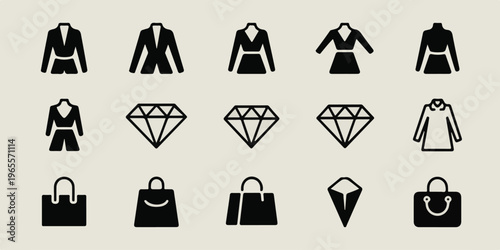 Luxury fashion icons showcase elegant clothing and accessories in a symmetrical layout