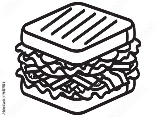 Fotografía A black and white line drawing of a sandwich with a bun and lettuce
