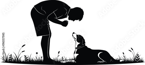 Silhouette of Man Training Dog Outdoors, Vector Illustration of Obedience and Bonding, Pet Owner Teaching Commands, Animal Behavior, Nature Background Scene