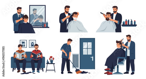 Barber Shop Scene: Haircut, Shave, Waiting, Cleaning, and Styling