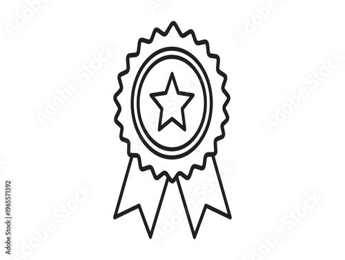 A black and white line drawing of a rosette award ribbon with a star