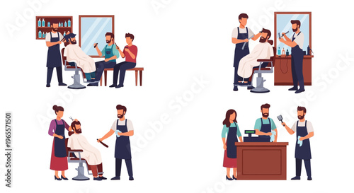 Barbershop scenes: Haircuts, styling, and customer service in a modern salon.