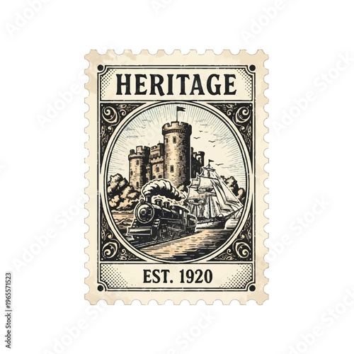 Heritage stamp featuring a historic castle ruin with a coastal scene and Est. 1920 emblem.